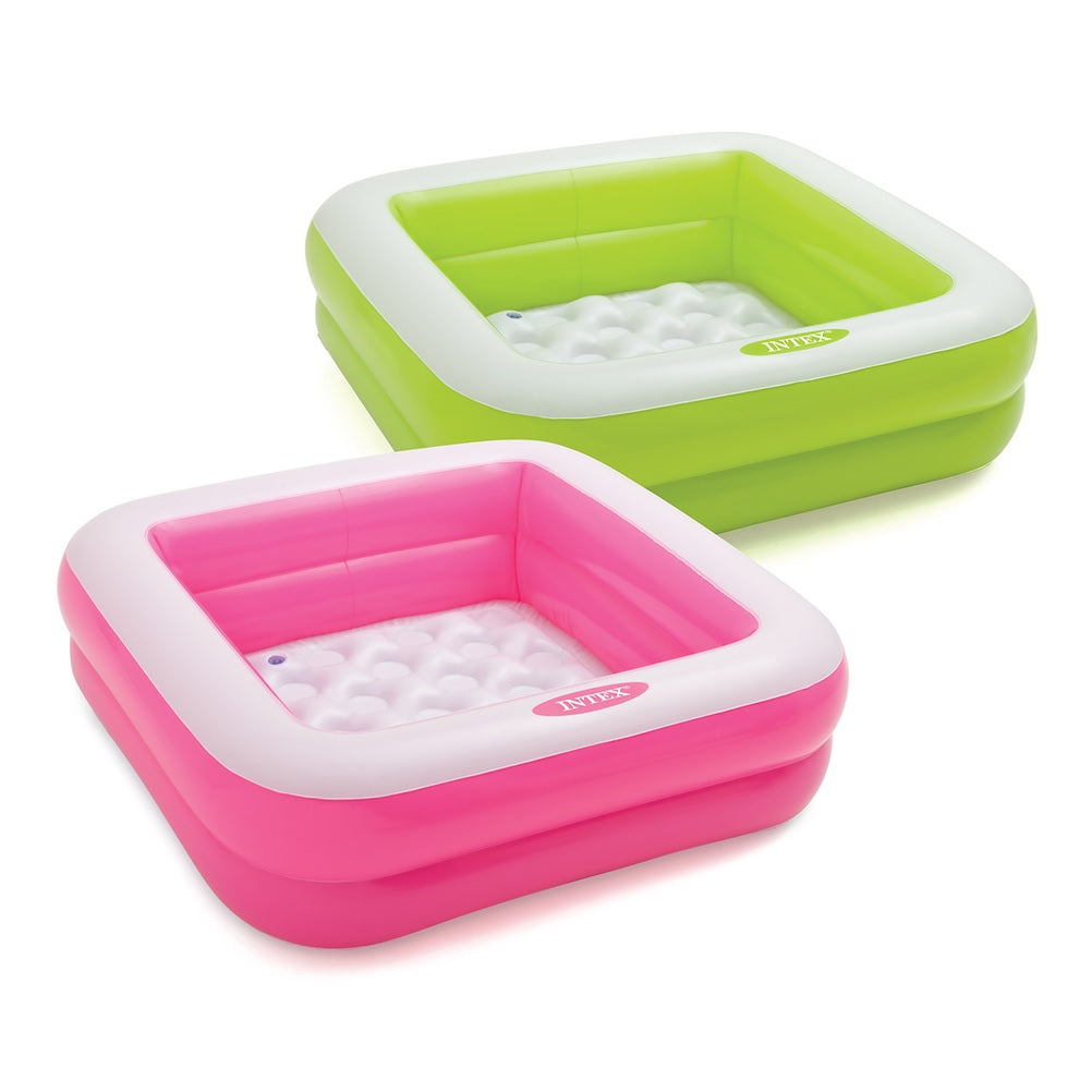 Square inflatable pool for kids. One is pink and one is green.