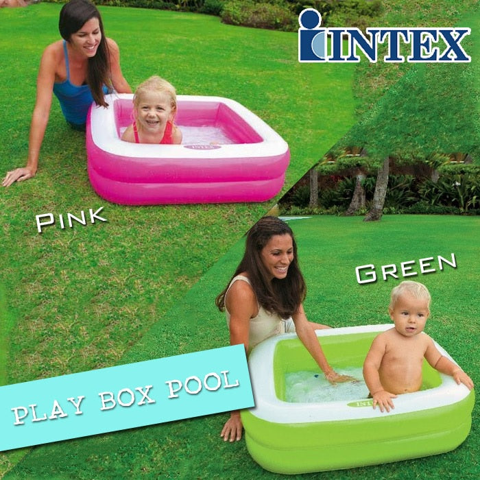 Square inflatable pool for kids. One is pink and one is green.