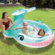 Inflatable pool for kids shaped like a cute, blue whale.