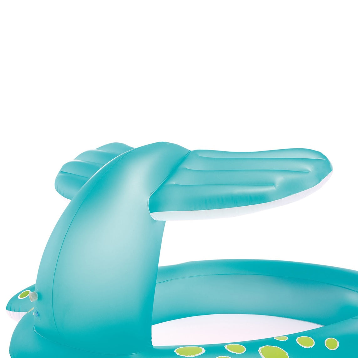 Inflatable pool for kids shaped like a cute, blue whale.