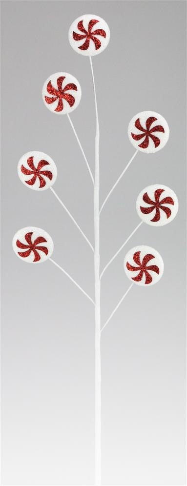 Pick spray designed to look like it's made of seven red and white swirl lollipops.