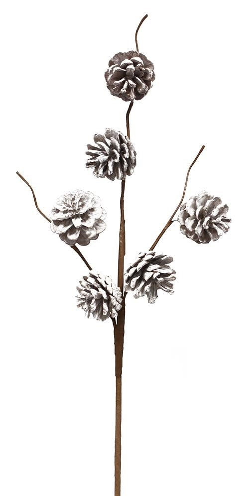 Decorative pick spray designed to look like it's made out twigs and snow-covered pine cones.