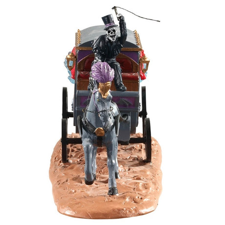 Polyresin table accent for a Lemax Spooky Town tabletop display. Designed to look like a skeleton wearing a suit and a top hat with a horse pulling a gray, regal stagecoach. The stagecoach has gold, purple, brown and red accents. The horse is wearing a gold and purple headdress.