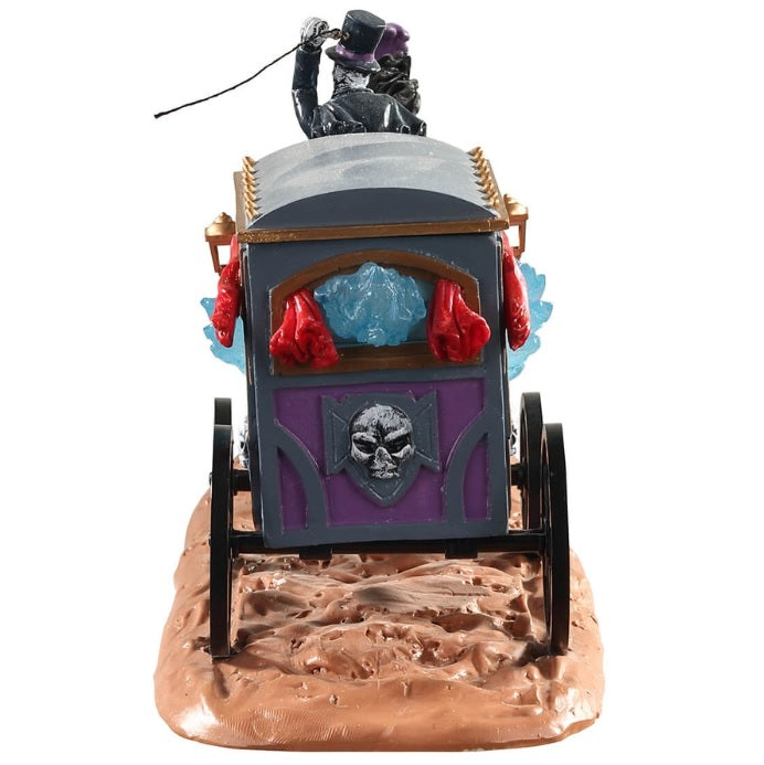 Polyresin table accent for a Lemax Spooky Town tabletop display. Designed to look like a skeleton wearing a suit and a top hat with a horse pulling a gray, regal stagecoach. The stagecoach has gold, purple, brown and red accents. The horse is wearing a gold and purple headdress.