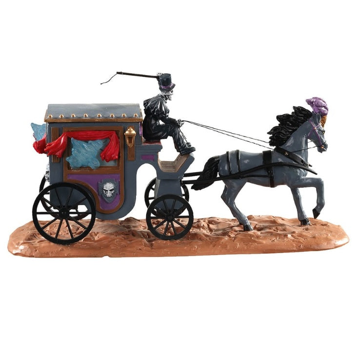 Polyresin table accent for a Lemax Spooky Town tabletop display. Designed to look like a skeleton wearing a suit and a top hat with a horse pulling a gray, regal stagecoach. The stagecoach has gold, purple, brown and red accents. The horse is wearing a gold and purple headdress.