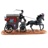 Polyresin table accent for a Lemax Spooky Town tabletop display. Designed to look like a skeleton wearing a suit and a top hat with a horse pulling a gray, regal stagecoach. The stagecoach has gold, purple, brown and red accents. The horse is wearing a gold and purple headdress.