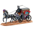 Polyresin table accent for a Lemax Spooky Town tabletop display. Designed to look like a skeleton wearing a suit and a top hat with a horse pulling a gray, regal stagecoach. The stagecoach has gold, purple, brown and red accents. The horse is wearing a gold and purple headdress.