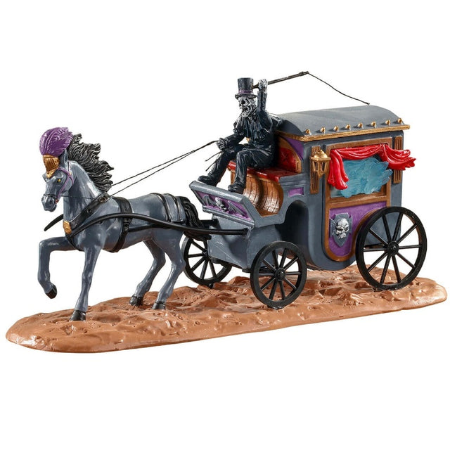 Polyresin table accent for a Lemax Spooky Town tabletop display. Designed to look like a skeleton wearing a suit and a top hat with a horse pulling a gray, regal stagecoach. The stagecoach has gold, purple, brown and red accents. The horse is wearing a gold and purple headdress.