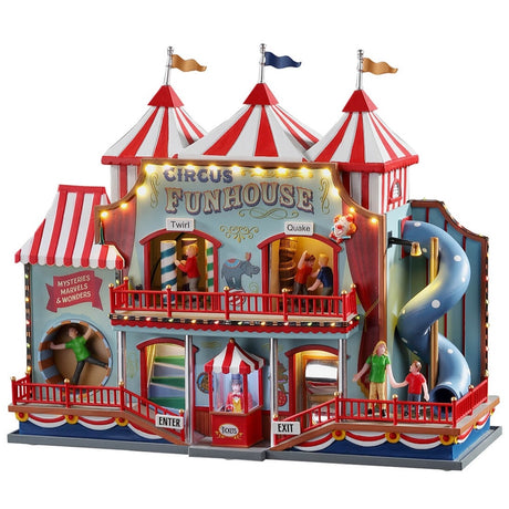 Polyresin lighted building for a Lemax Village tabletop display. Designed to look like a Circus Funhouse with kids inside 