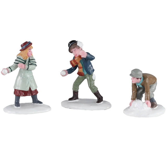 Polyresin figurines for a Lemax Village tabletop display. Designed to look like a trio of kids having a snowball fight