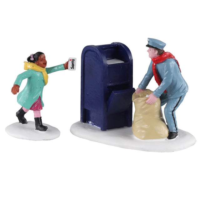 Polyresin figurines for a Lemax display. Designed to look like a young girl running to give the mailman her letter to Santa. They're both wearing winter clothes.