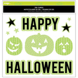 Glow in the dark window cling decorations for Halloween. One set reads "Happy Halloween" and features jack-o-lanterns and stars. One set features a bunch of different sized spiders. One set features a skull and cross bones with lightning. One set reads "Trick or Treat."