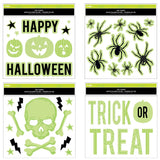 Glow in the dark window cling decorations for Halloween. One set reads "Happy Halloween" and features jack-o-lanterns and stars. One set features a bunch of different sized spiders. One set features a skull and cross bones with lightning. One set reads "Trick or Treat."
