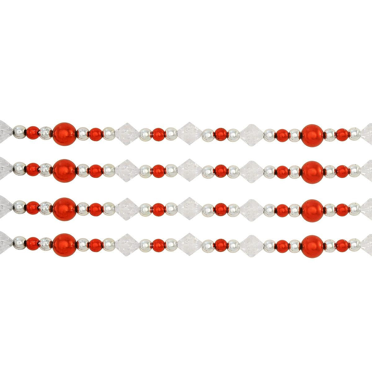 9' Red, White and Silver Iridescent Beaded Hand-Strung Bead Garland