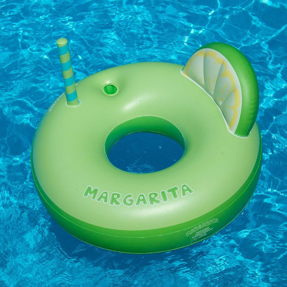 Green inflatable inner tube that reads "margarita." It's designed to look like it has a straw coming out of it and a back rest shaped like a lime.