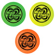 Round frisbee made of plastic and latex. One is neon green, one is yellow and one is orange. They all feature the black Rad Flyer logo.