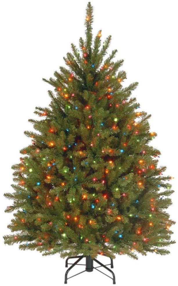 Artificial tree pre-lit with multi-colored lights.