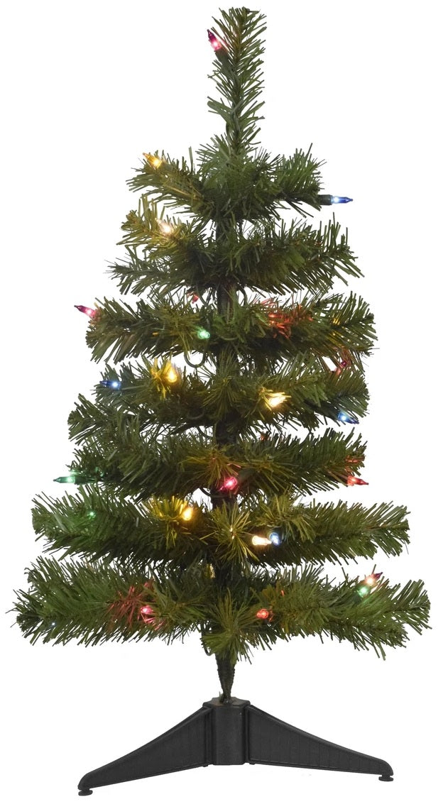 Small tabletop artificial tree pre-lit with multi-colored lights.