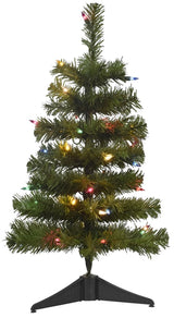 Small tabletop artificial tree pre-lit with multi-colored lights.