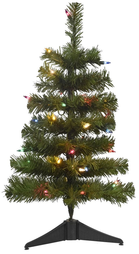 Small tabletop artificial tree pre-lit with multi-colored lights.