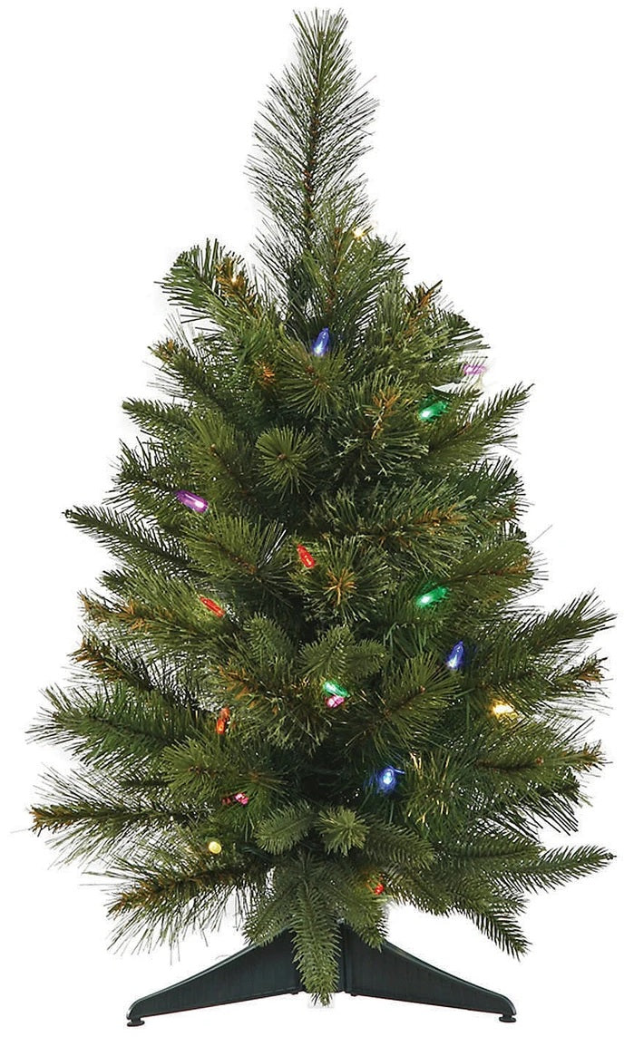 Small tabletop artificial tree pre-lit with multi-colored lights.