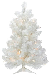 Small white tree pre-lit with clear lights.
