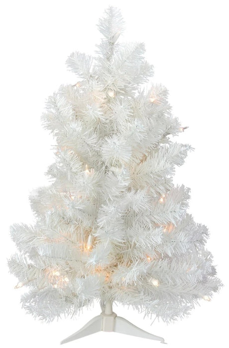 Small white tree pre-lit with clear lights.