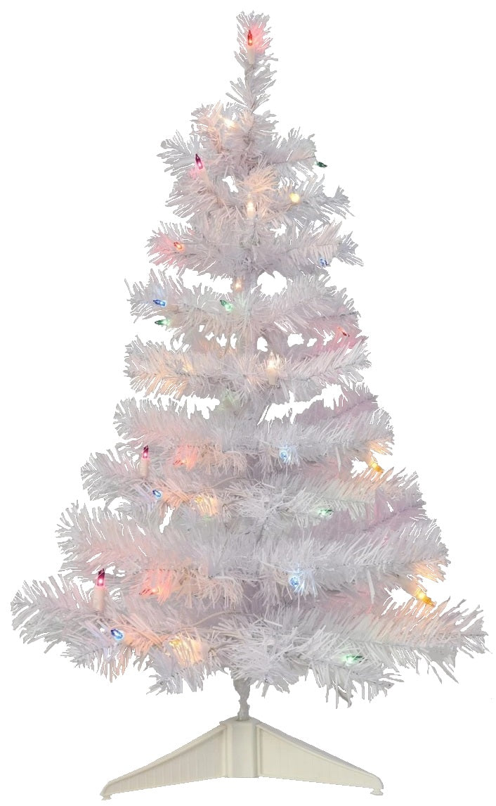 Small white tree pre-lit with multi-colored lights.