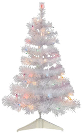 Small white tree pre-lit with multi-colored lights.