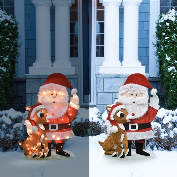 2D Lighted Santa & Rudolph Sculpture