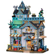 Porcelain lighted building for a Lemax display. Designed to look like a boutique store. There are witches, gargoyles, pumpkins and black cats. Inside the window, you can see a monster trying on a pink dress.