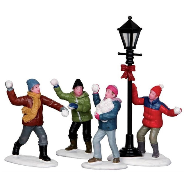 Polyresin figurines for a Lemax display. Designed to look like four kids having a snowball fight next to a lamppost.