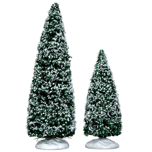 Village accessories for a Lemax display. Designed to look like two snow-covered trees. One is larger than the other.