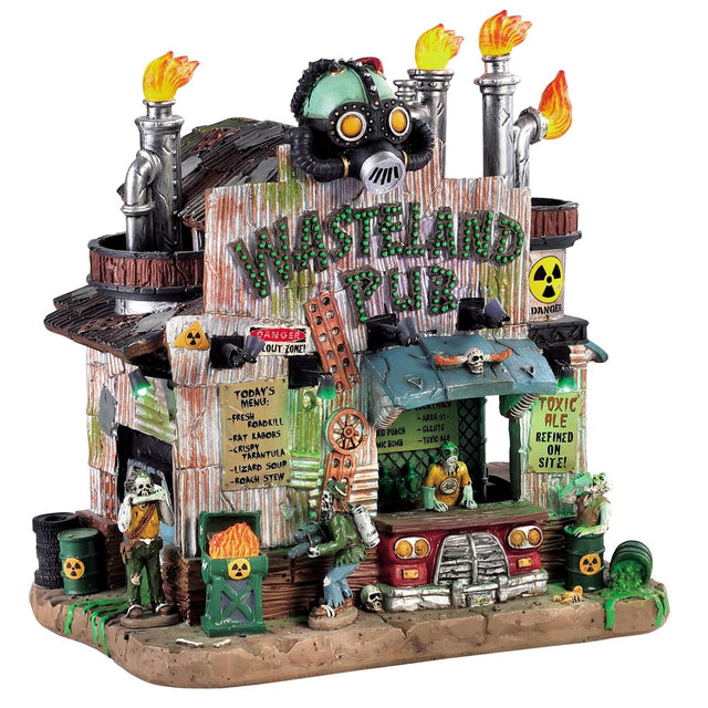 Porcelain lighted building for a Lemax display. Designed to look like an apocalyptic and rusty pub. There are flames coming out of the chimneys and a plague mask statue on the roof. There are biohazard warnings everywhere and lots of green ooze. There's a monster behind the bar. The bar looks like it's been made out of a car bumper.