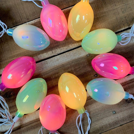 A set of 10 shiny Easter egg lights. Colors include light blue, dark pink, a golden yellow and lime green