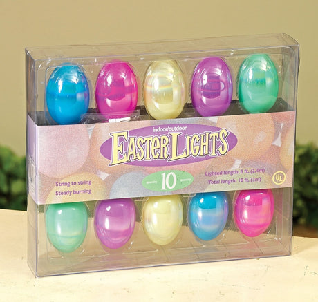 A set of 10 shiny Easter egg lights. Colors include light blue, dark pink, a golden yellow and lime green