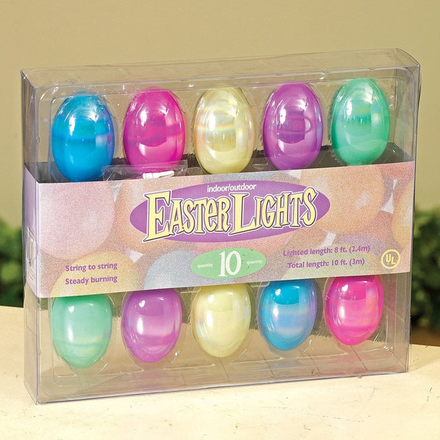 A set of 10 shiny Easter egg lights. Colors include light blue, dark pink, a golden yellow and lime green