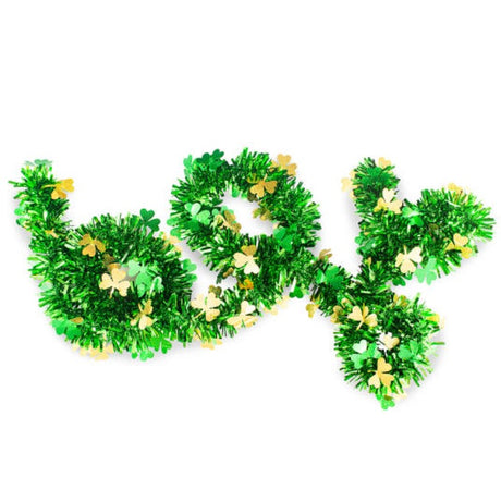Shiny, green tinsel with shiny gold and green shamrocks.