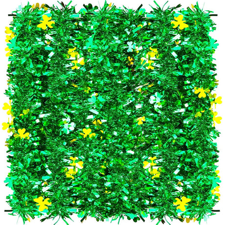 Shiny, green tinsel with shiny gold and green shamrocks.