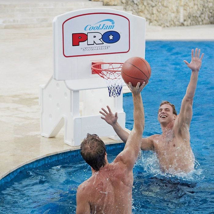 Poolside basketball hoop.