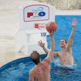 Poolside basketball hoop.