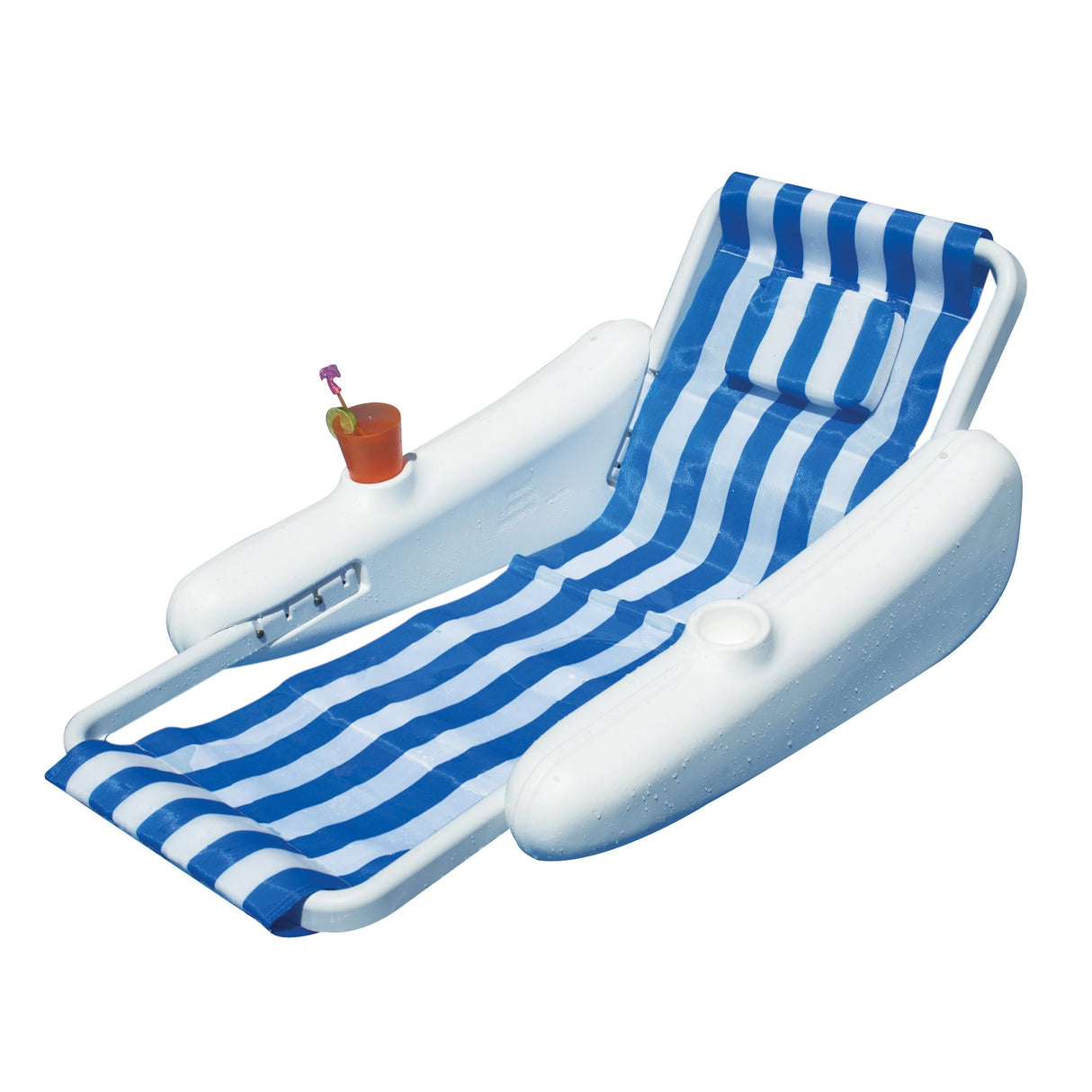 Blue and white striped pontoon pool chair.