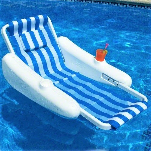 Blue and white striped pontoon pool chair.