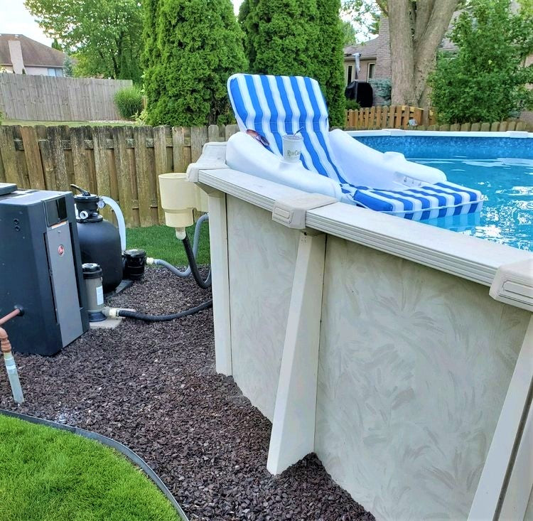Blue and white striped pontoon pool chair.