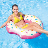 Pink inflatable inner tube. Designed to look like a frosted donut with multi-colored sprinkles.