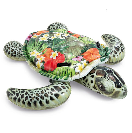 Inflatable pool float shaped like a turtle. This one's shell has tropical flowers on it.