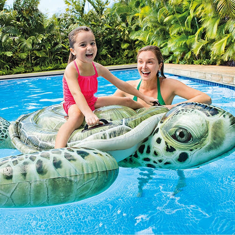 Inflatable pool float shaped like a turtle. This one's shell looks like a real turtle's shell.