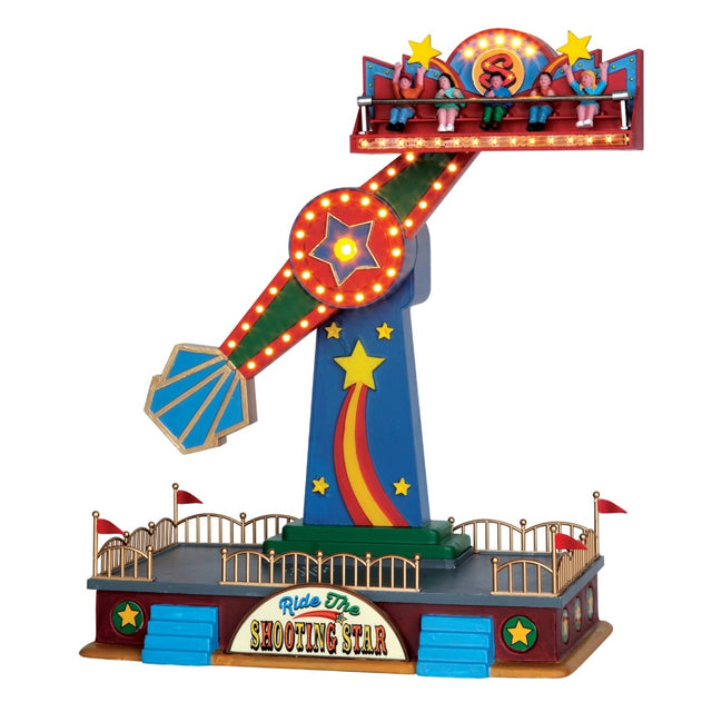 Porcelain and polyresin village accessory for a Lemax Carnival village. Designed to look like a very colorful carnival ride that takes you up in the air and then in a circle. There are kids on the ride.