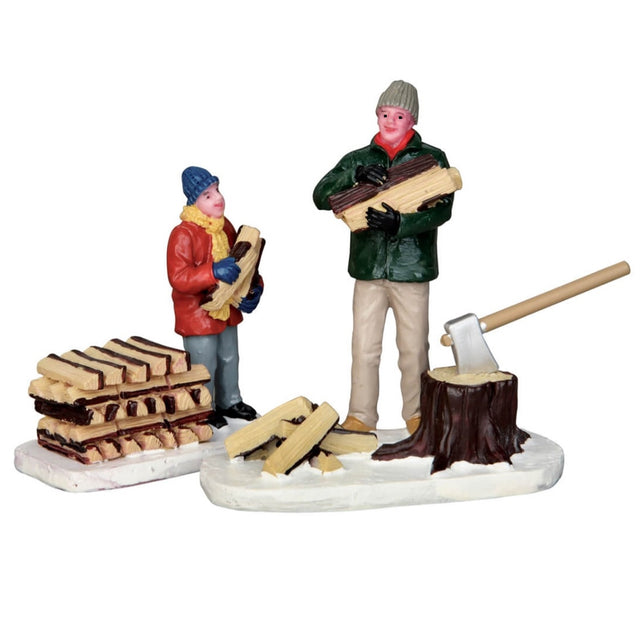 Polyresin figurines for a Lemax display. Designed to look like a dad and a young child using an axe to chop down a tree for firewood. They're both wearing winter clothes.