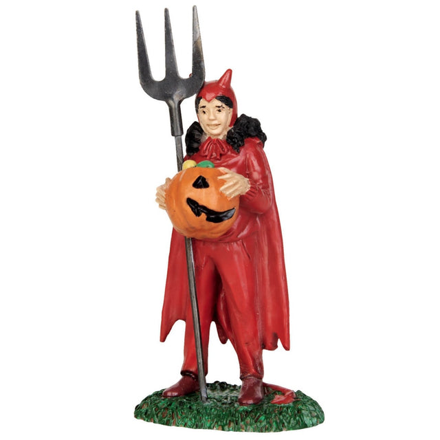 Polyresin figurine for a Lemax display. Designed to look like a person wearing a devil costume and holding a pitchfork and a bucket shaped like a pumpkin that's full of candy.